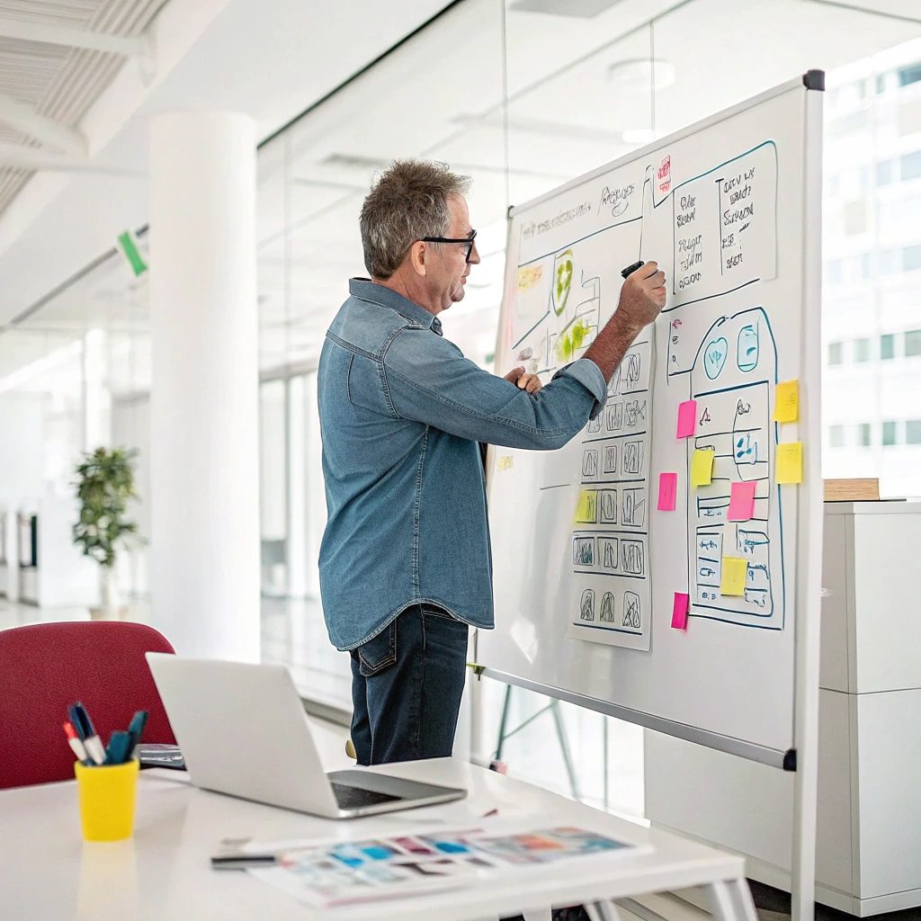 Creative director sketching wireframes on a glass whiteboard in a studio