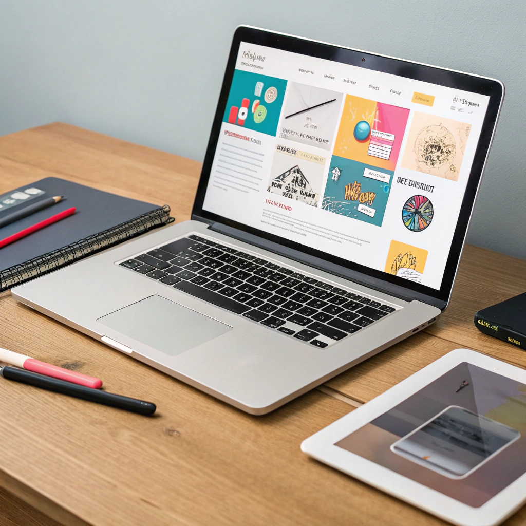 A laptop displaying a finished website design in a modern studio space