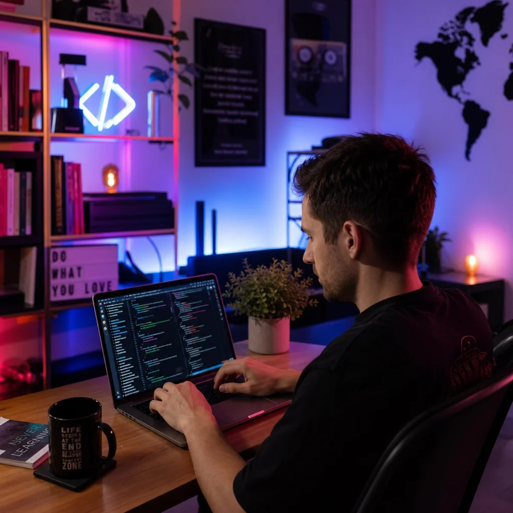Developer writing code in a dark-themed editor with a calendar icon visible