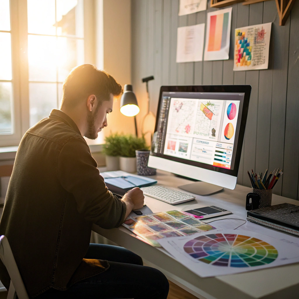 Designer working on a high-fidelity UI layout on a large monitor